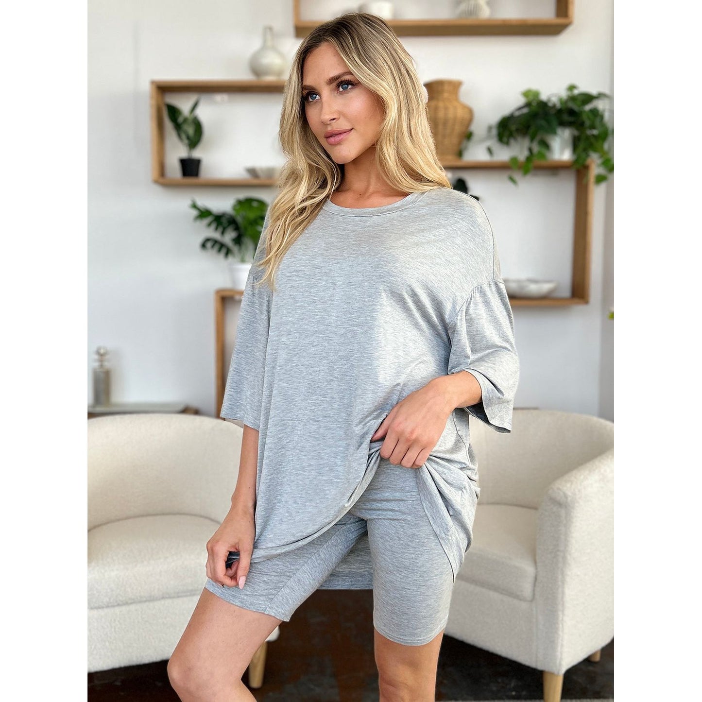 Basic Bae Bamboo Full Size Round Neck Drop Shoulder T-Shirt and Shorts Set