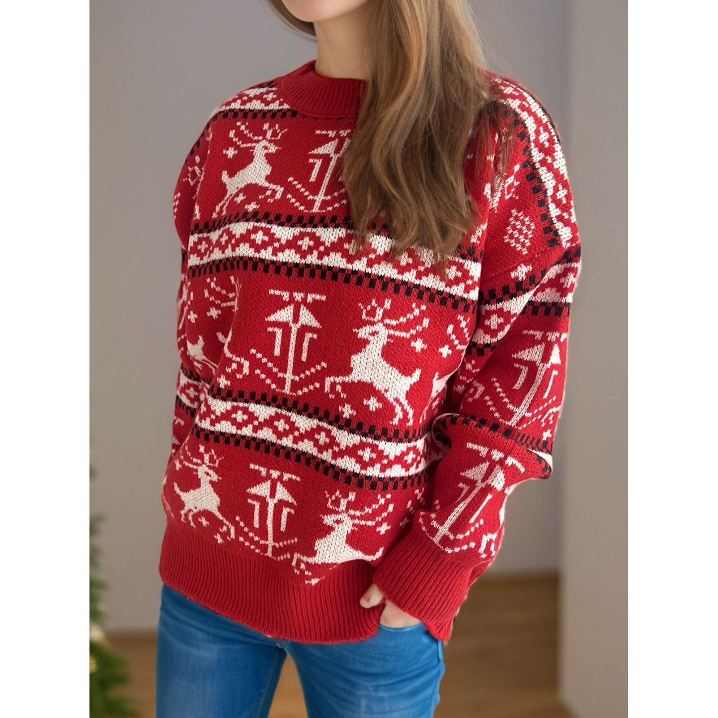 Christmas Element Round Neck Long Sleeve Sweater