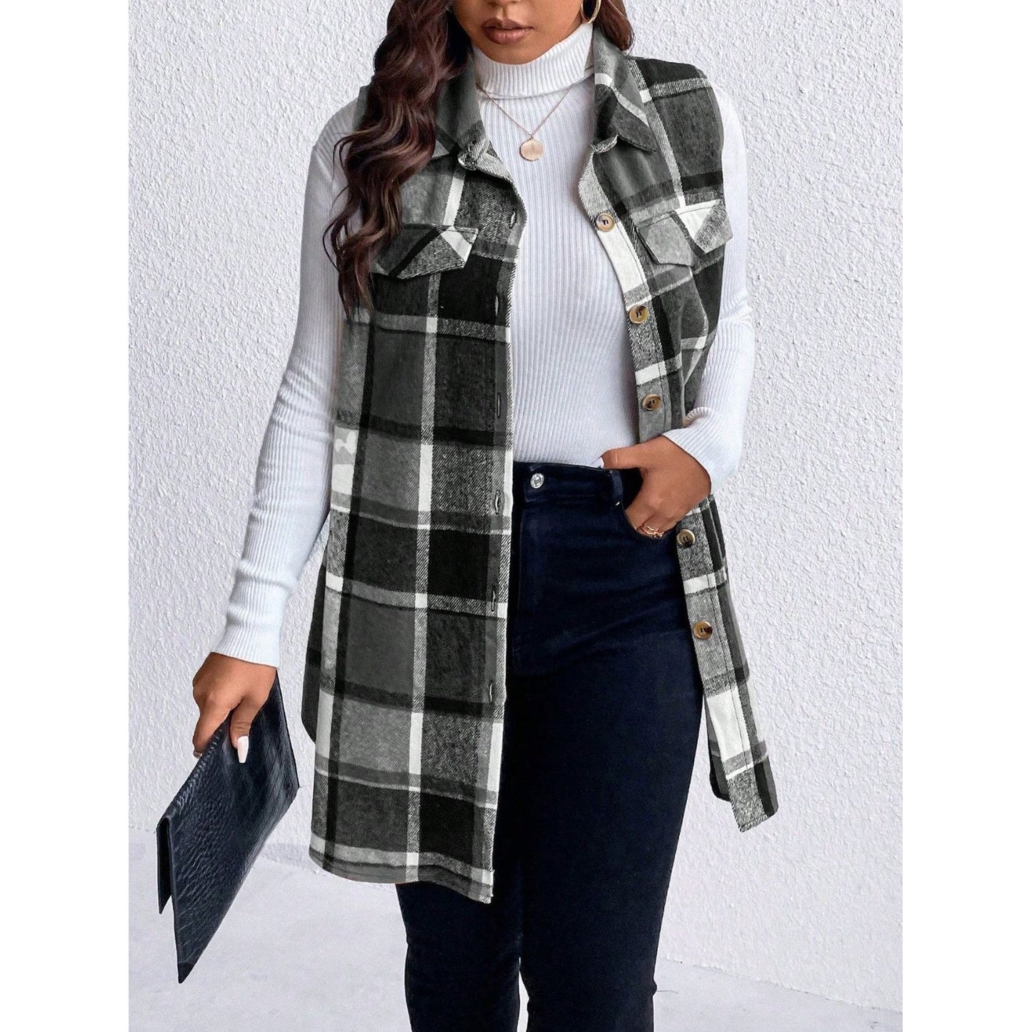 Honey Plus Size Pocketed Plaid Button Up Vest Coat