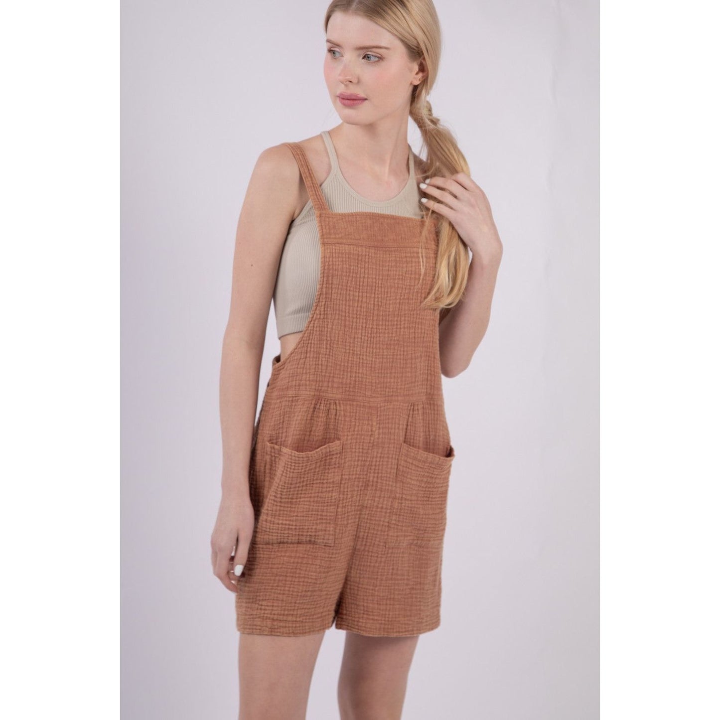 VERY J Sleeveless Double Gauze Overalls with Pockets