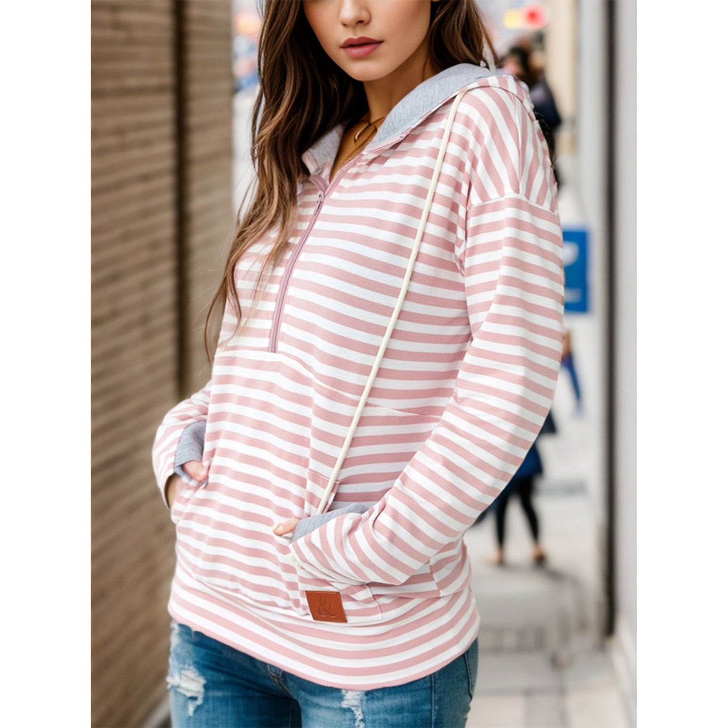 Striped Drawstring Half Zip Hoodie