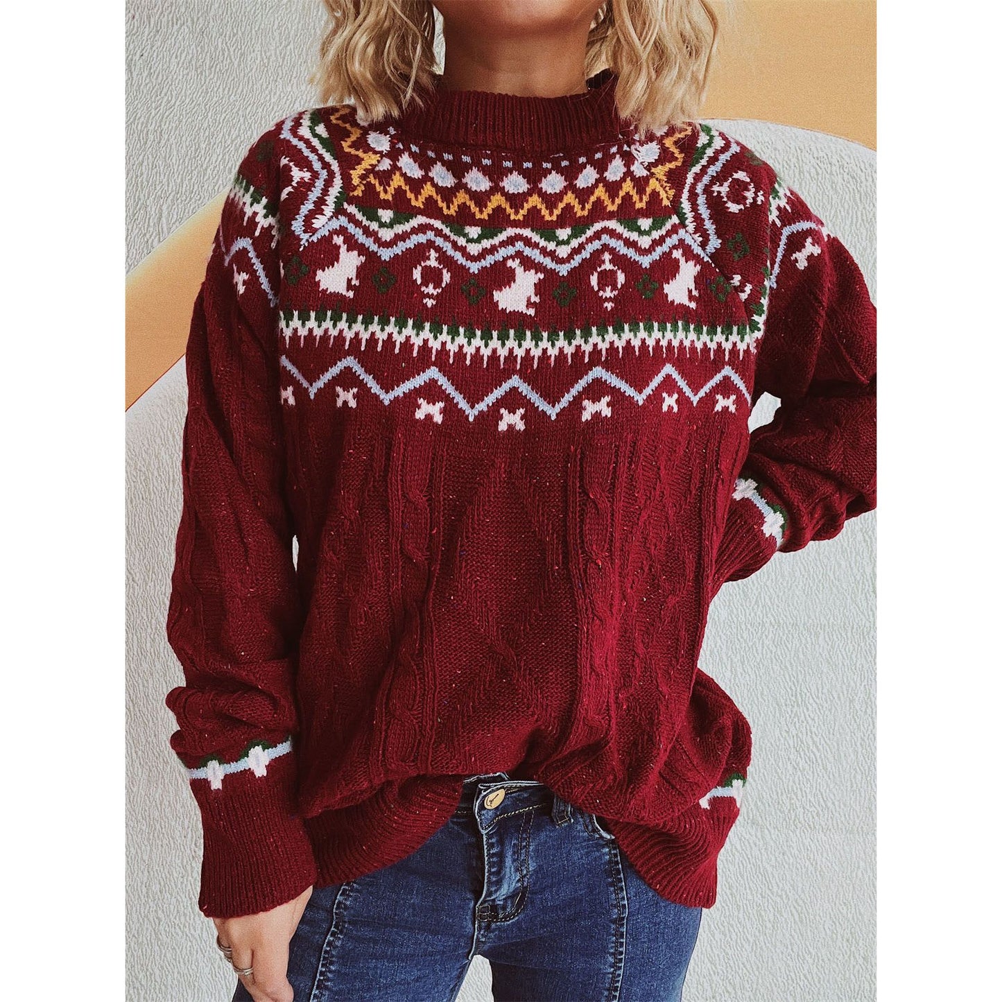 Cable-Knit Mock Neck Long Sleeve Sweater