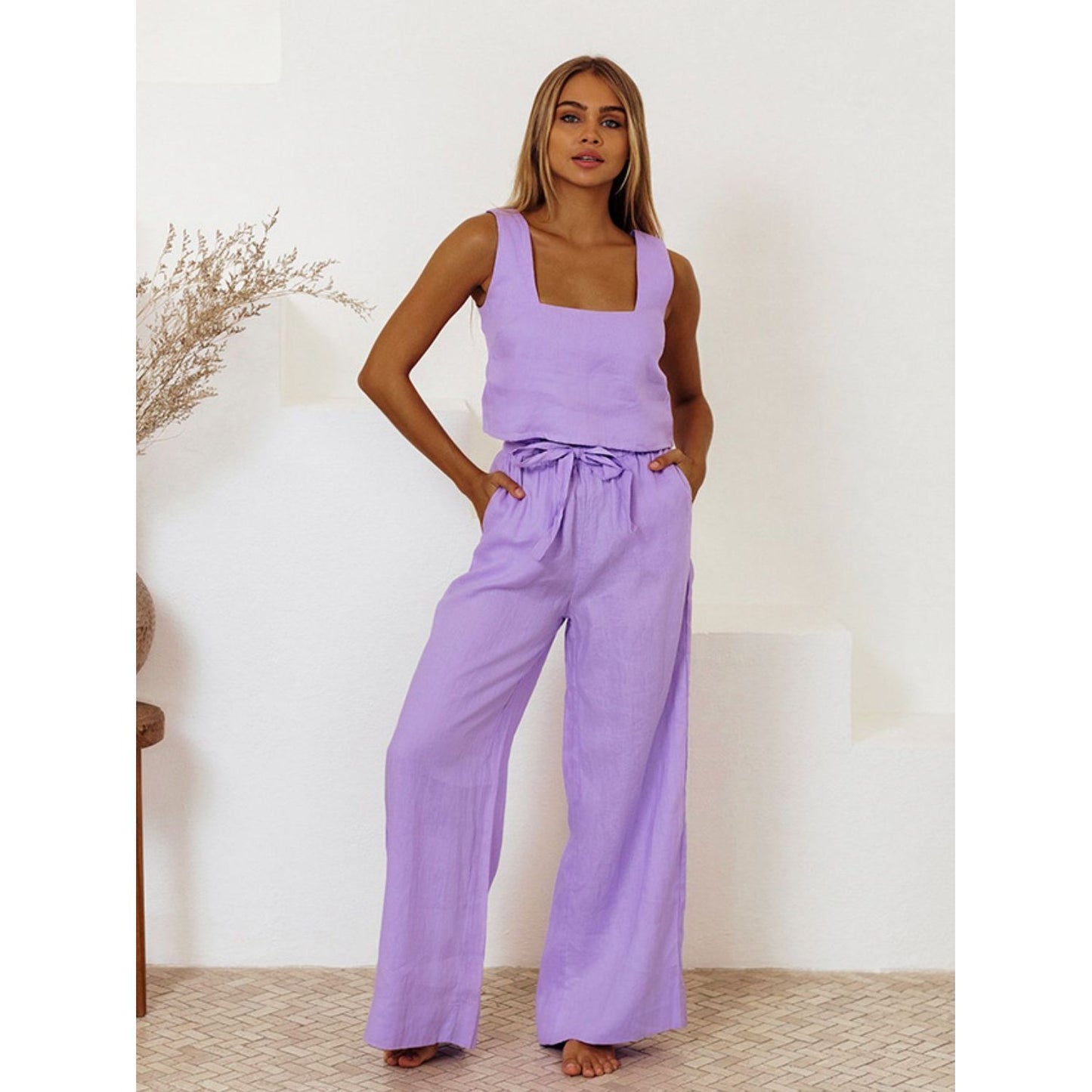 Square Neck Sleeveless Top and Pants Set