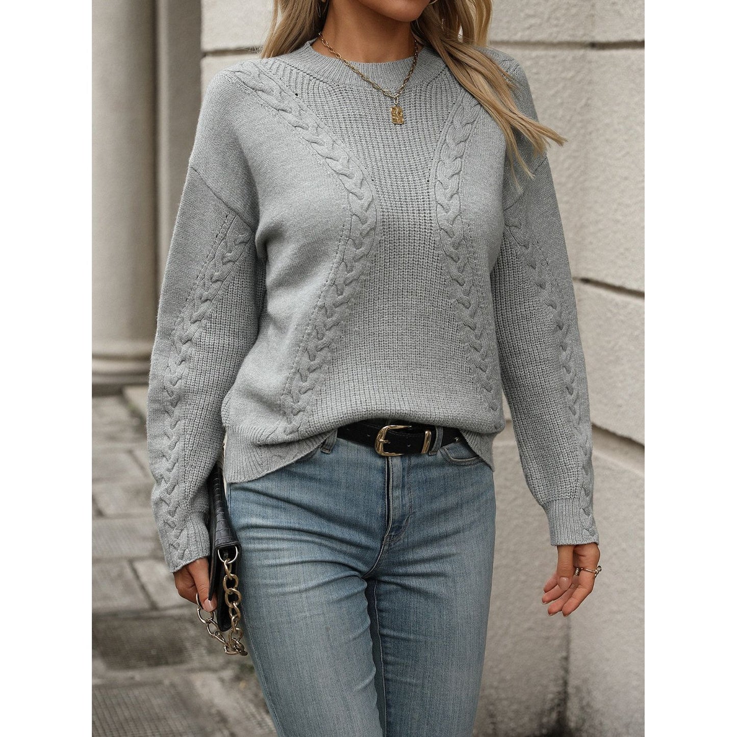 Cable-Knit Round Neck Long Sleeve Sweater