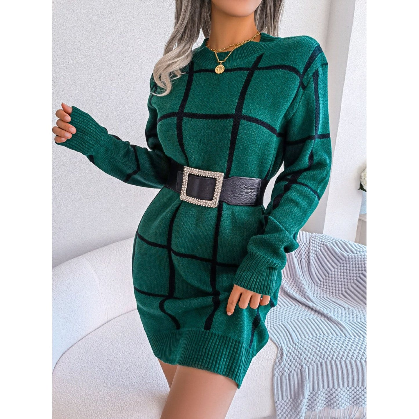 Plaid Round Neck Dropped Shoulder Sweater Dress