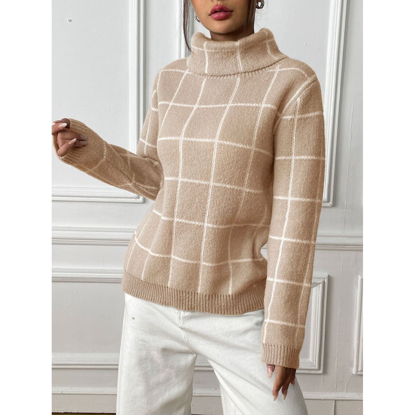 Plaid Turtleneck Long Sleeve Sweater