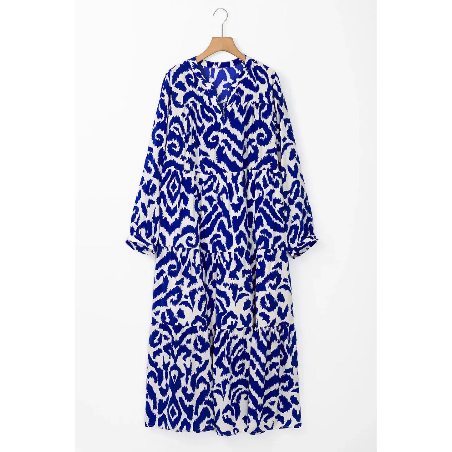 Tiered Printed Notched Long Sleeve Midi Dress