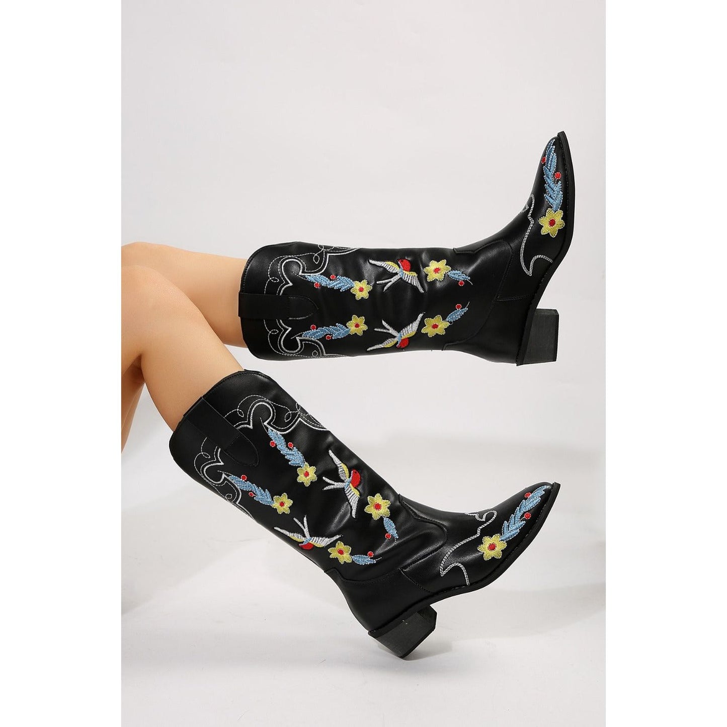 Embroidered Point Toe Block Heel Boots