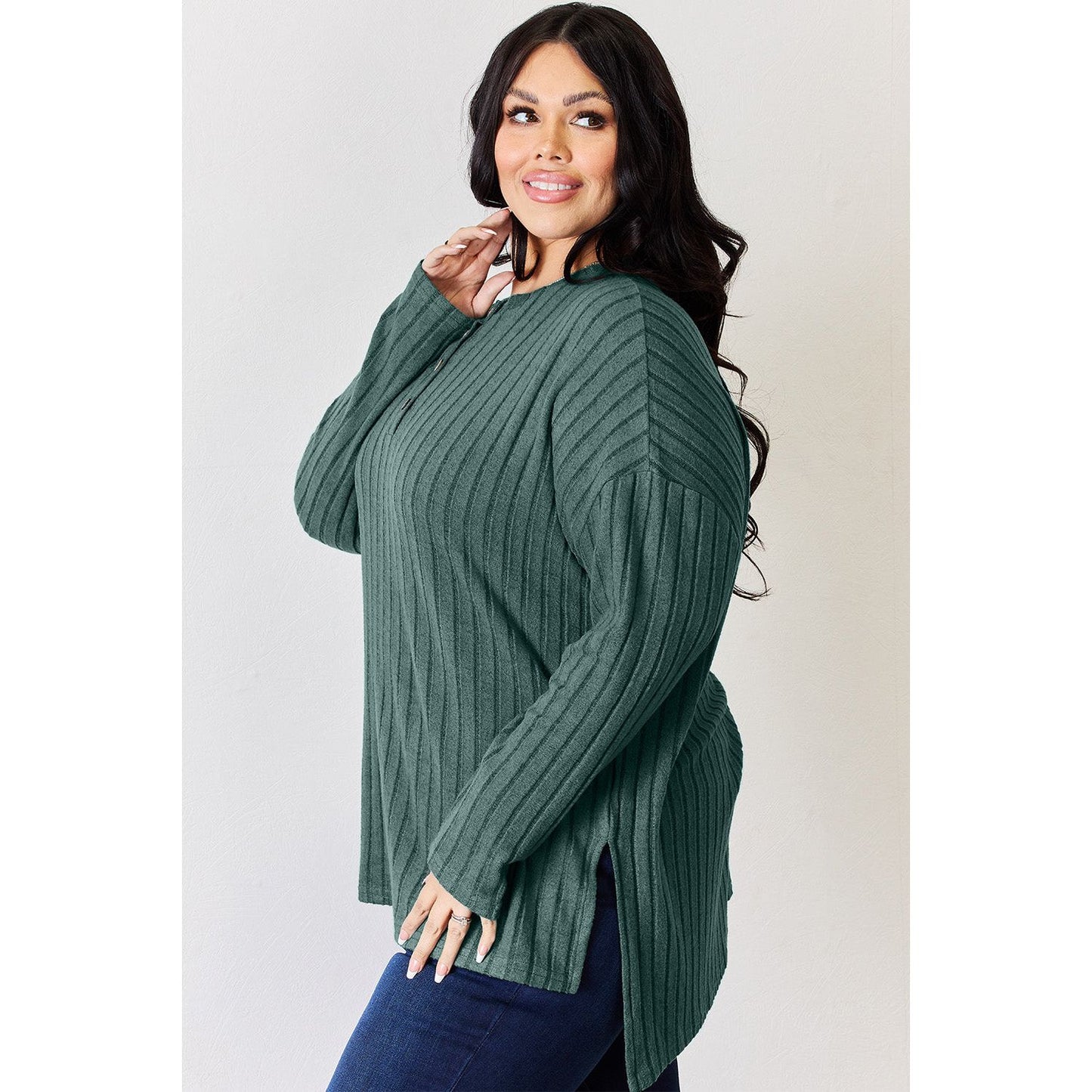 Basic Bae Full Size Ribbed Half Button Long Sleeve High-Low T-Shirt