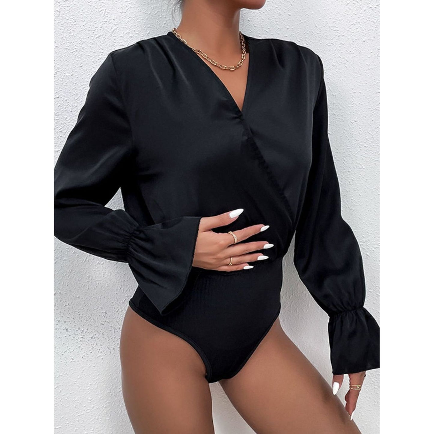 Perfee Surplice Neck Flounce Sleeve Bodysuit