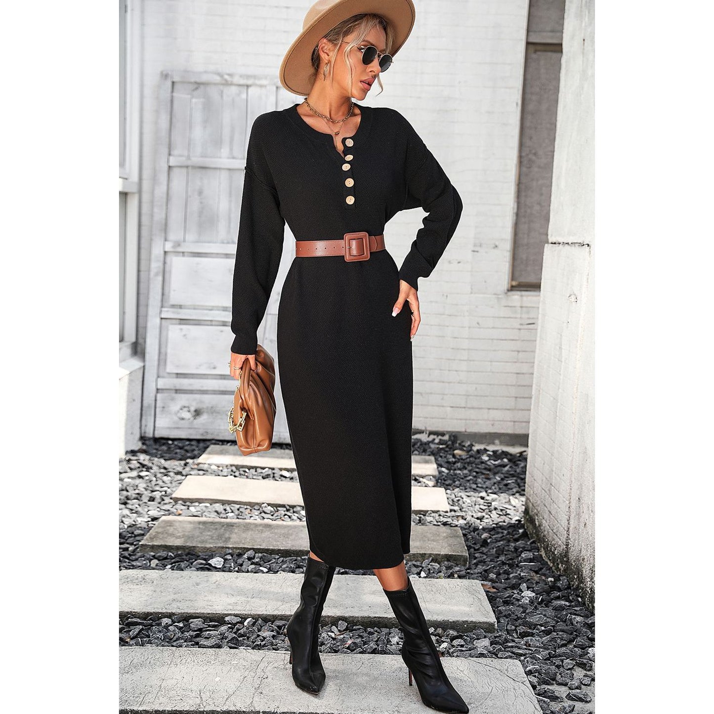 Decorative Button Notched Dropped Shoulder Sweater Dress