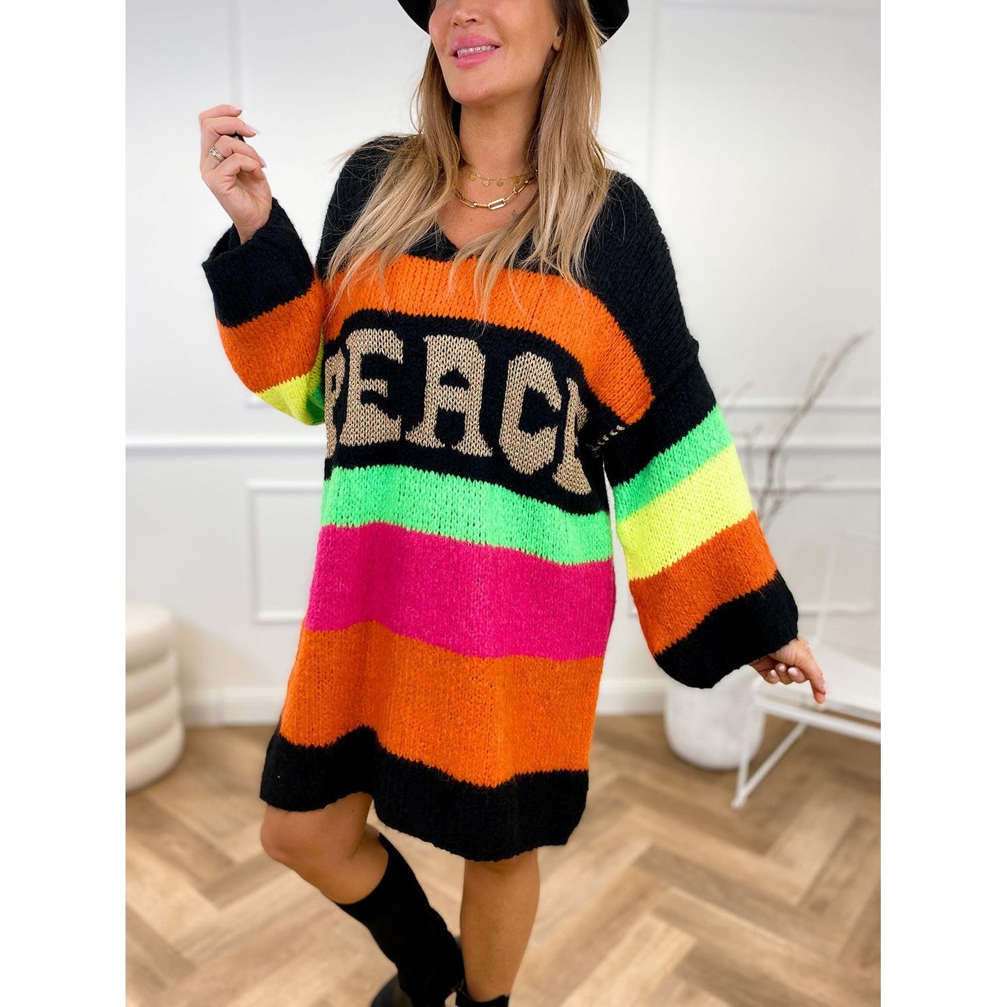 Color Block V-Neck Long Sleeve Sweater Dress