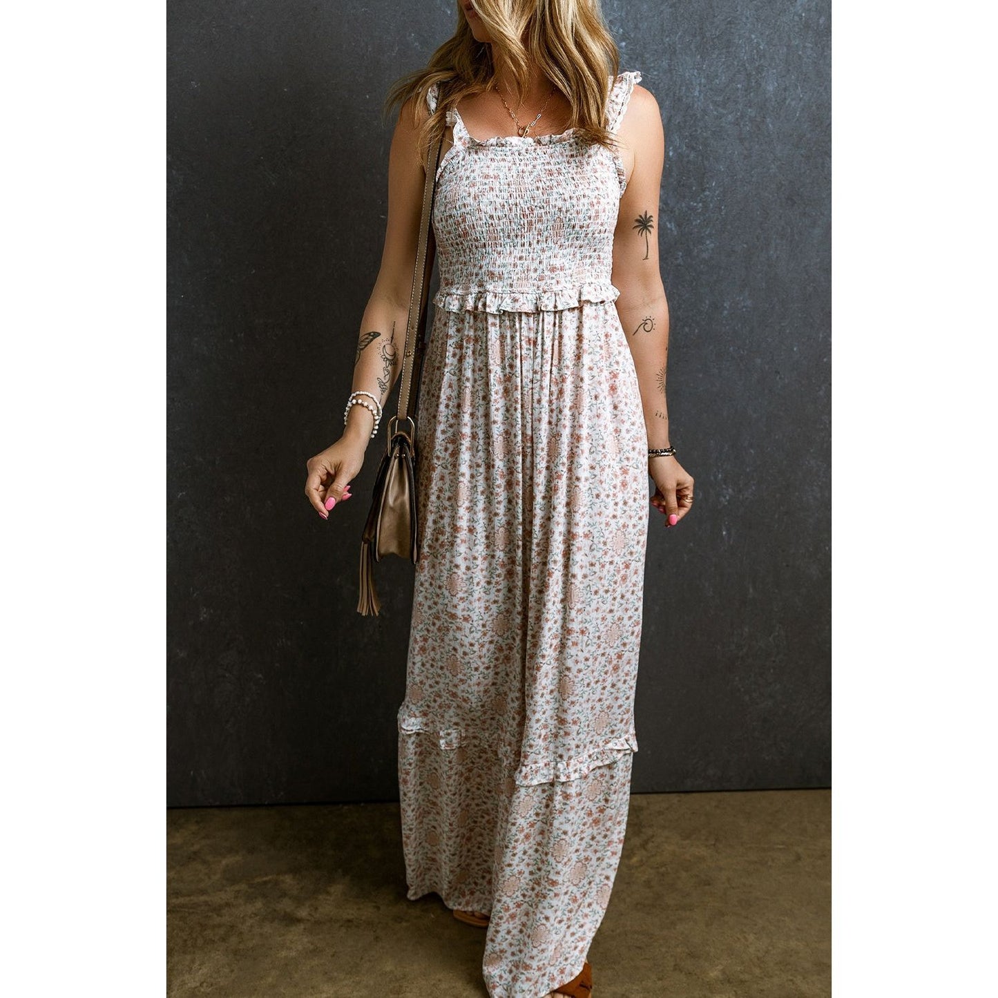 Ruffled Smocked Printed Sleeveless Maxi Dress