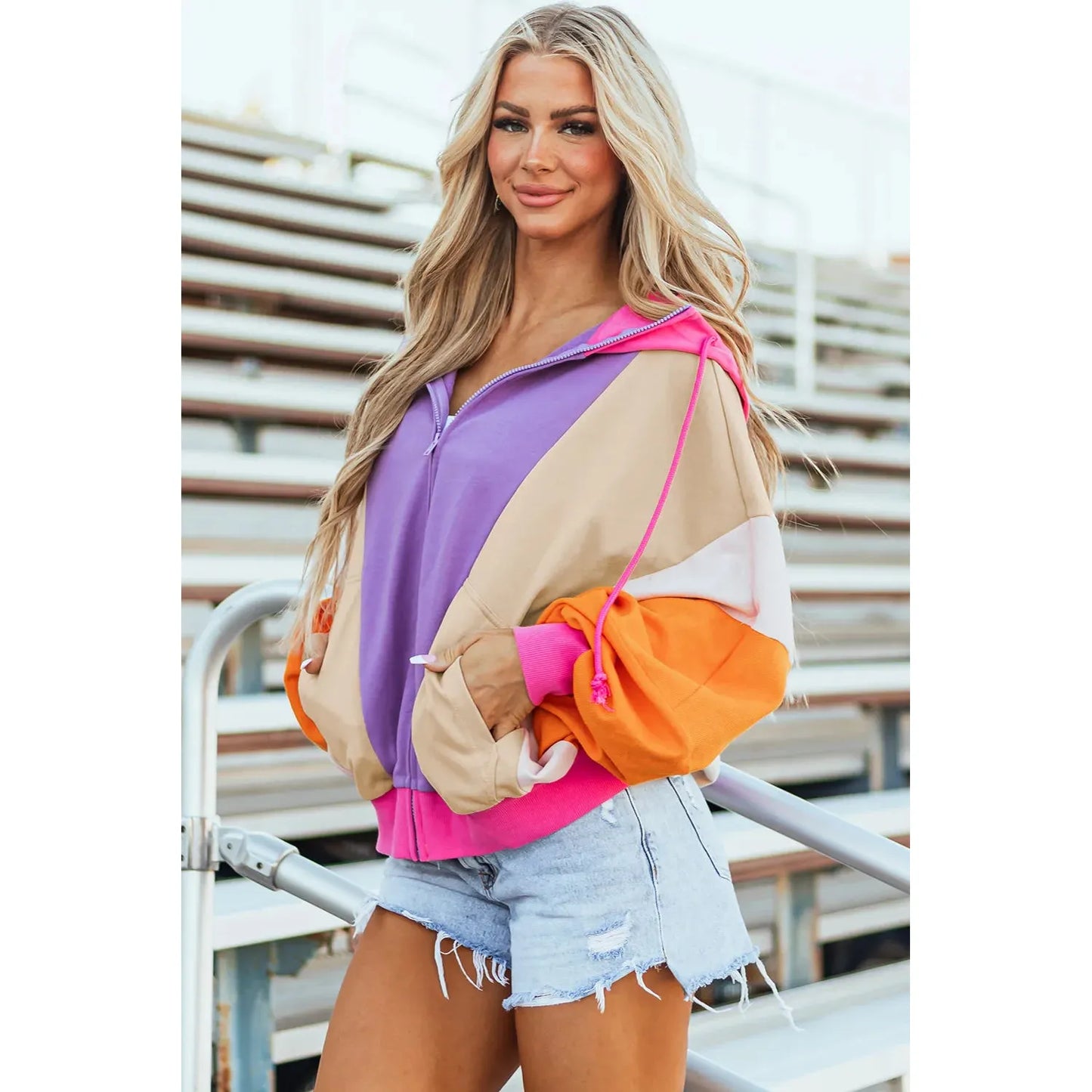 Drawstring Color Block Zip Up Long Sleeve Hoodie