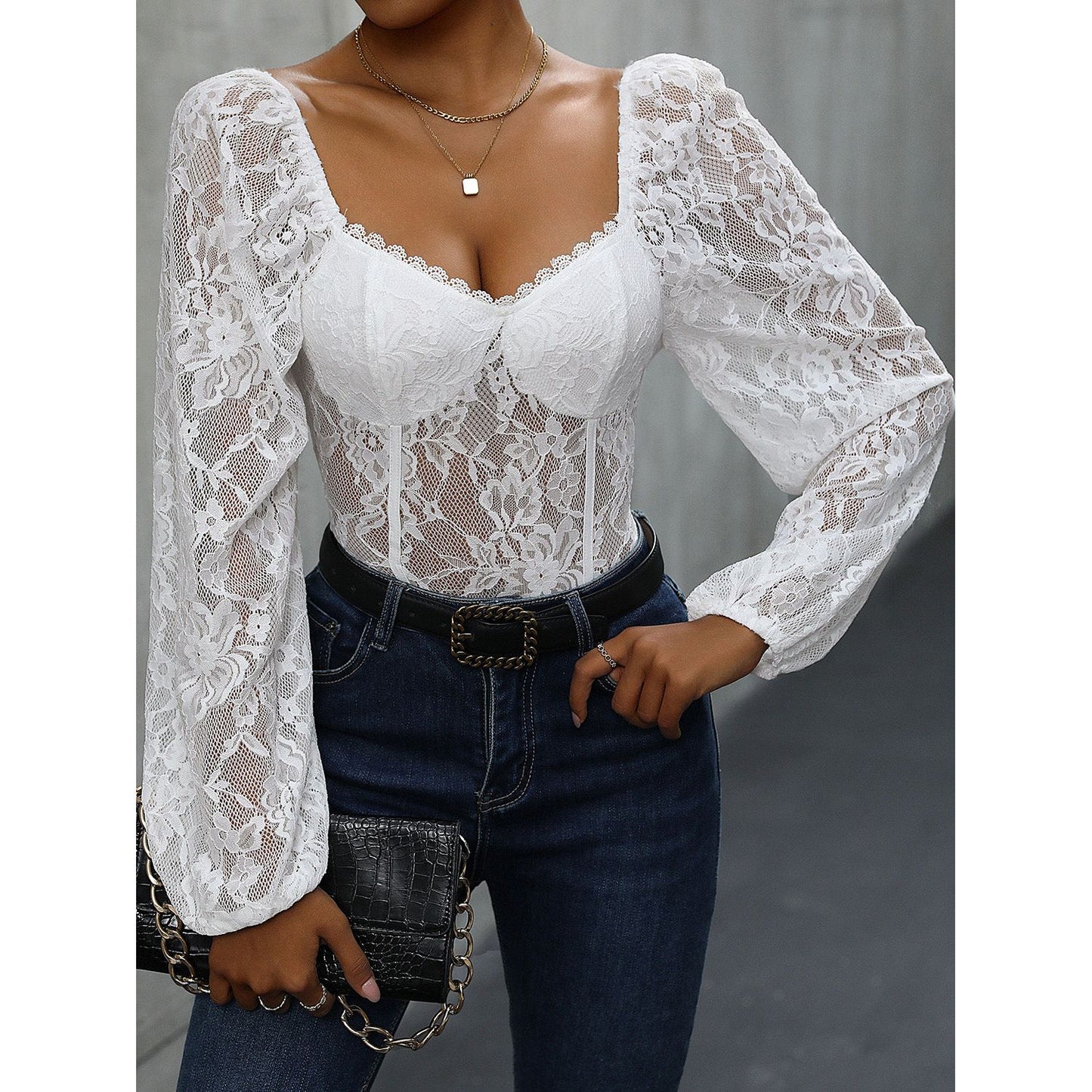 Perfee Lace Balloon Sleeve Bodysuit