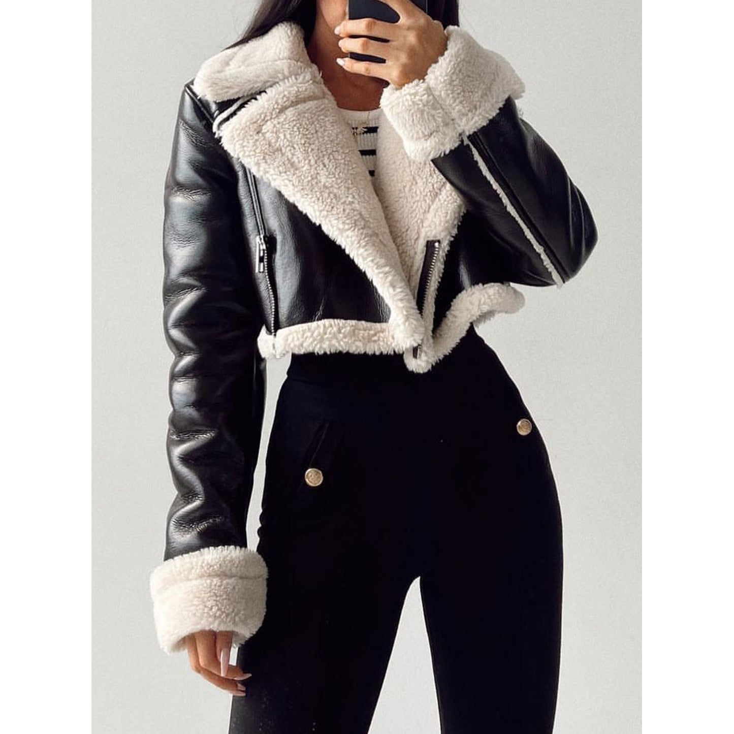 Collared Neck Long Sleeve Plush Cropped Jacket