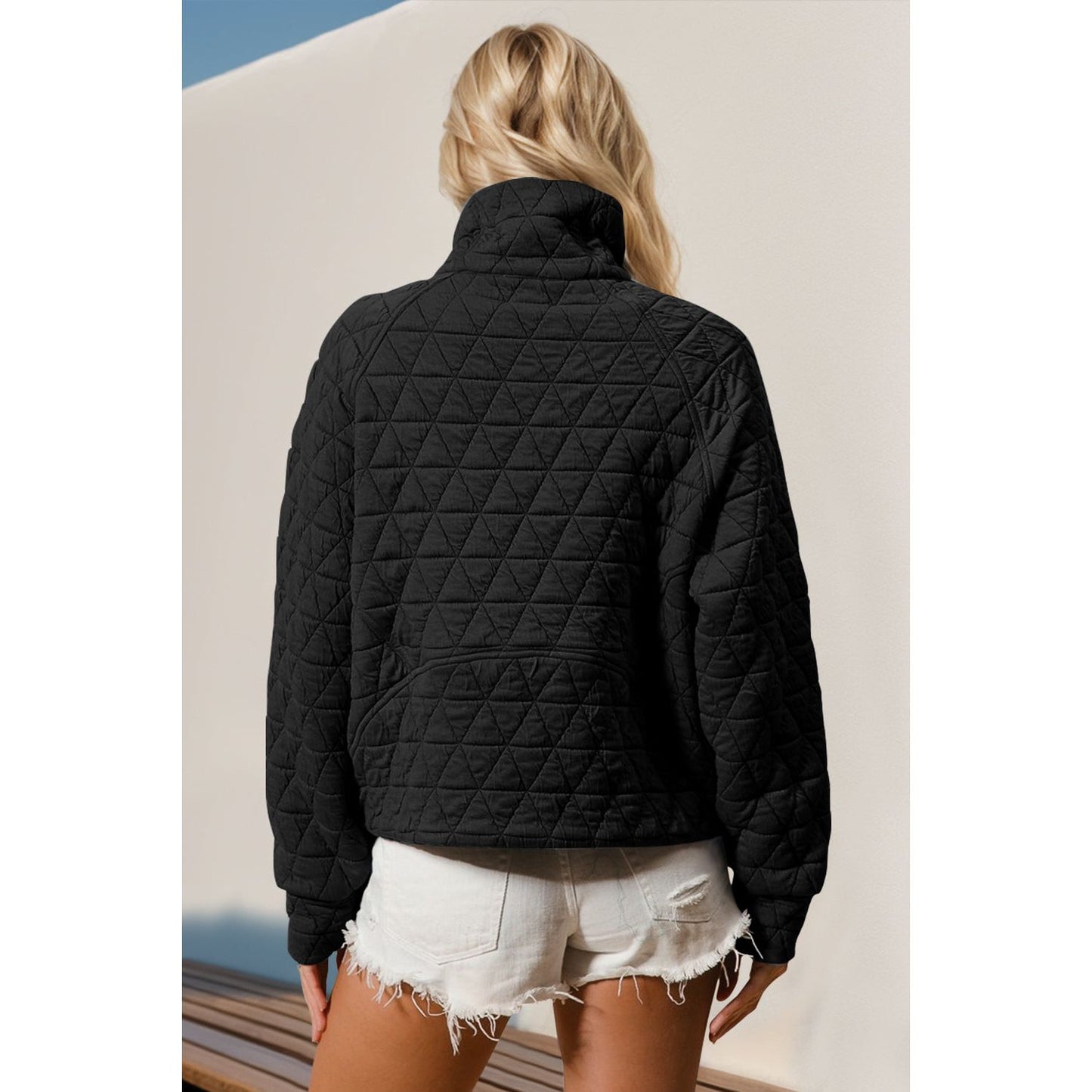 Double Take Half Zip Long Sleeve Quilted Sweatshirt with Pocket