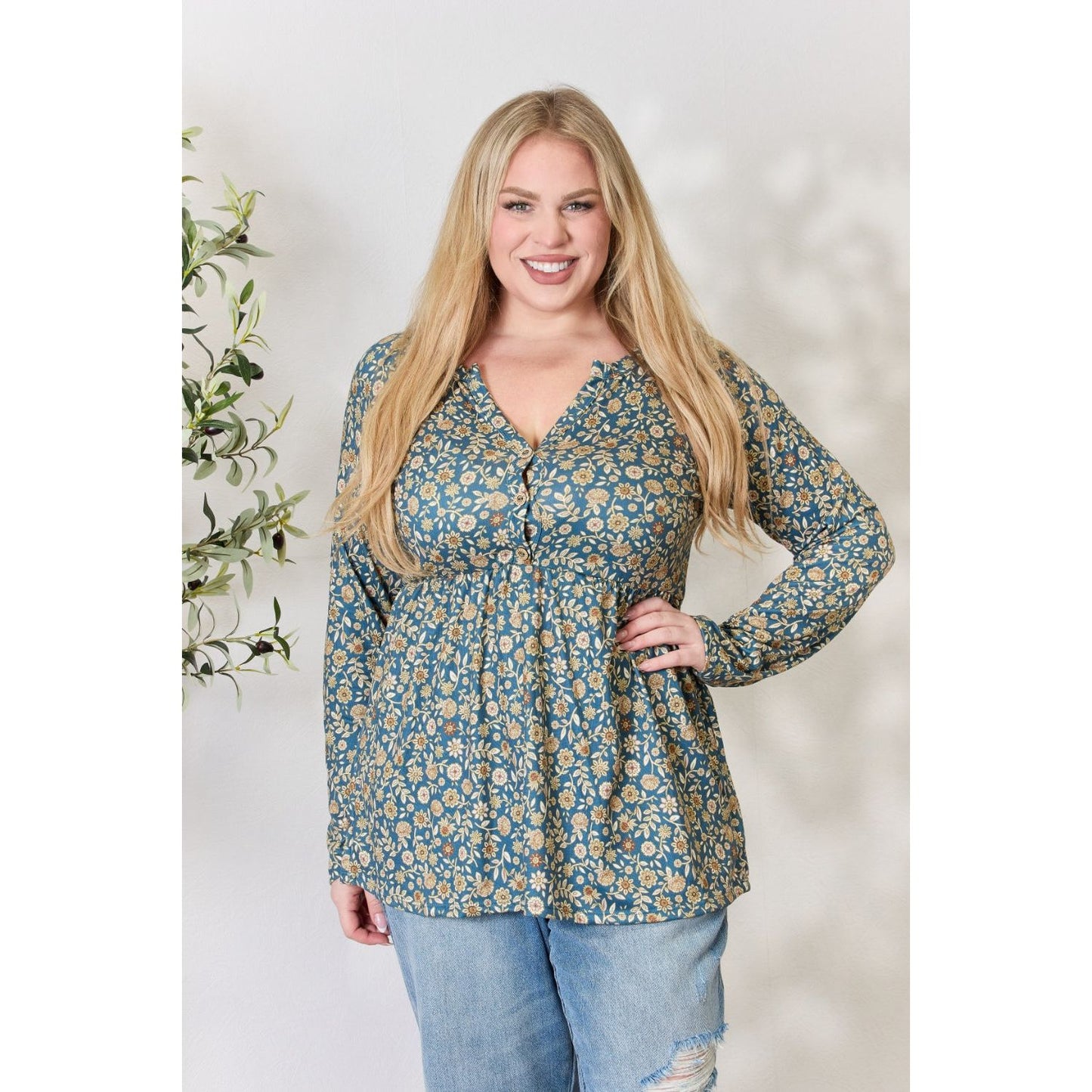 Heimish Full Size Floral Half Button Long Sleeve Blouse