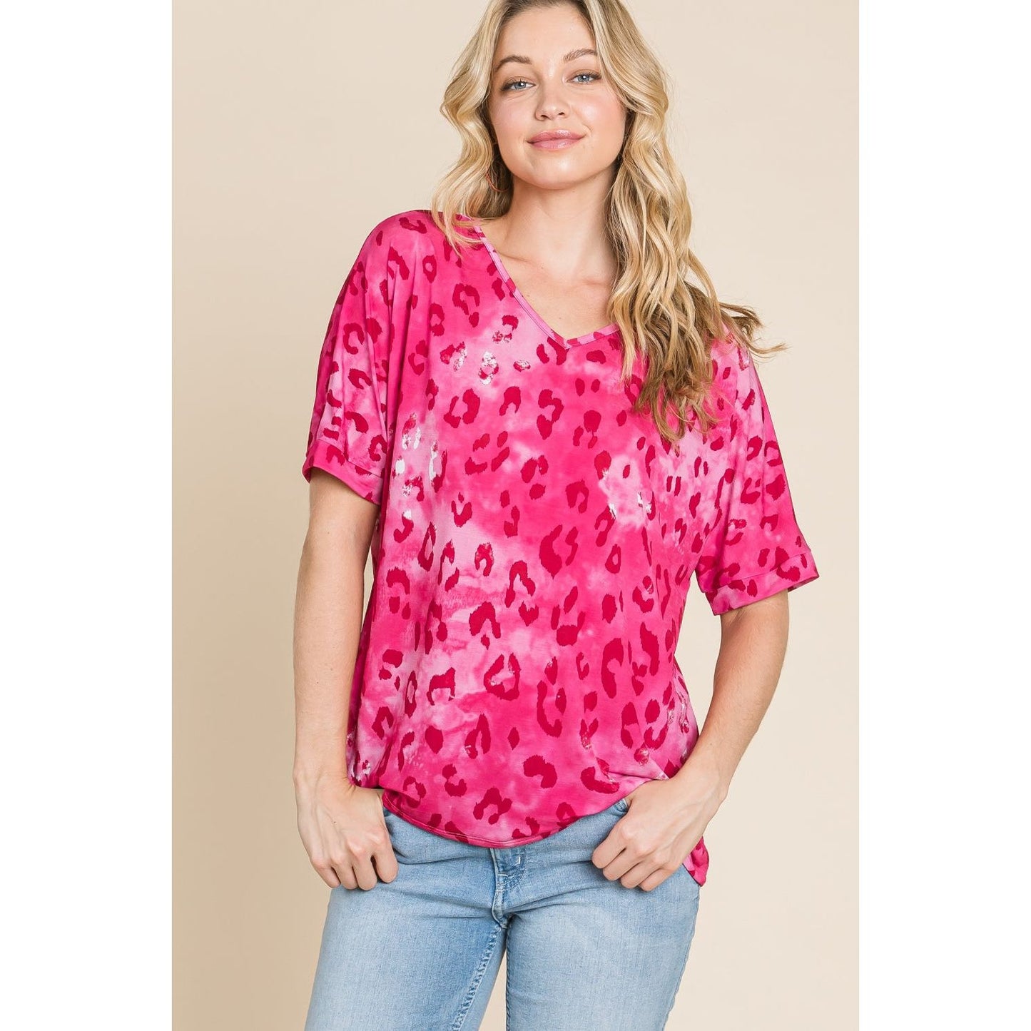 BOMBOM Leopard V-Neck Short Sleeve T-Shirt