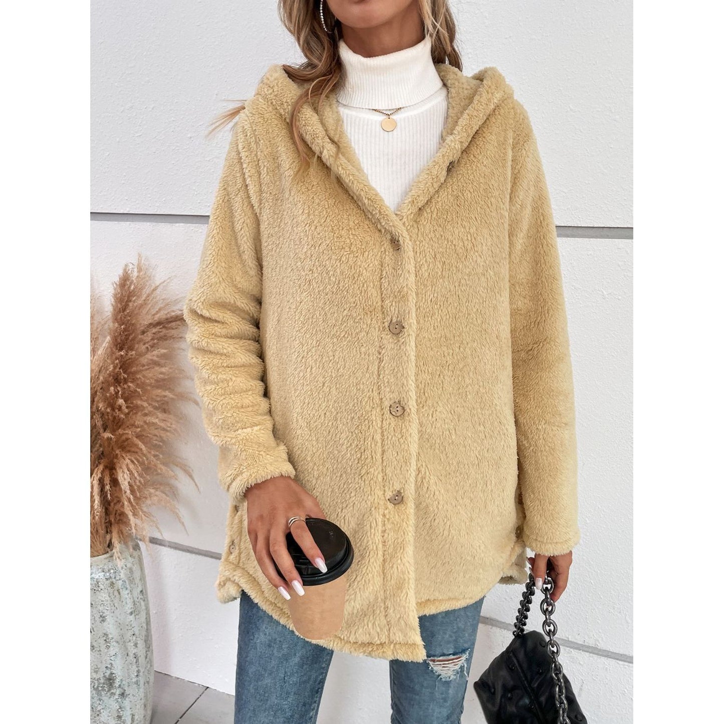 Fuzzy Button Up Hooded Jacket