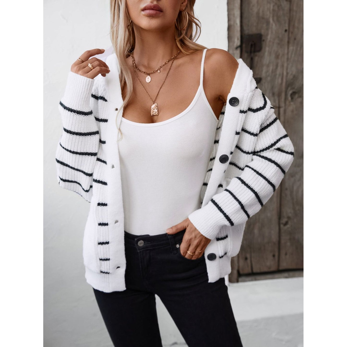 Striped Button Up Long Sleeve Hooded Cardigan