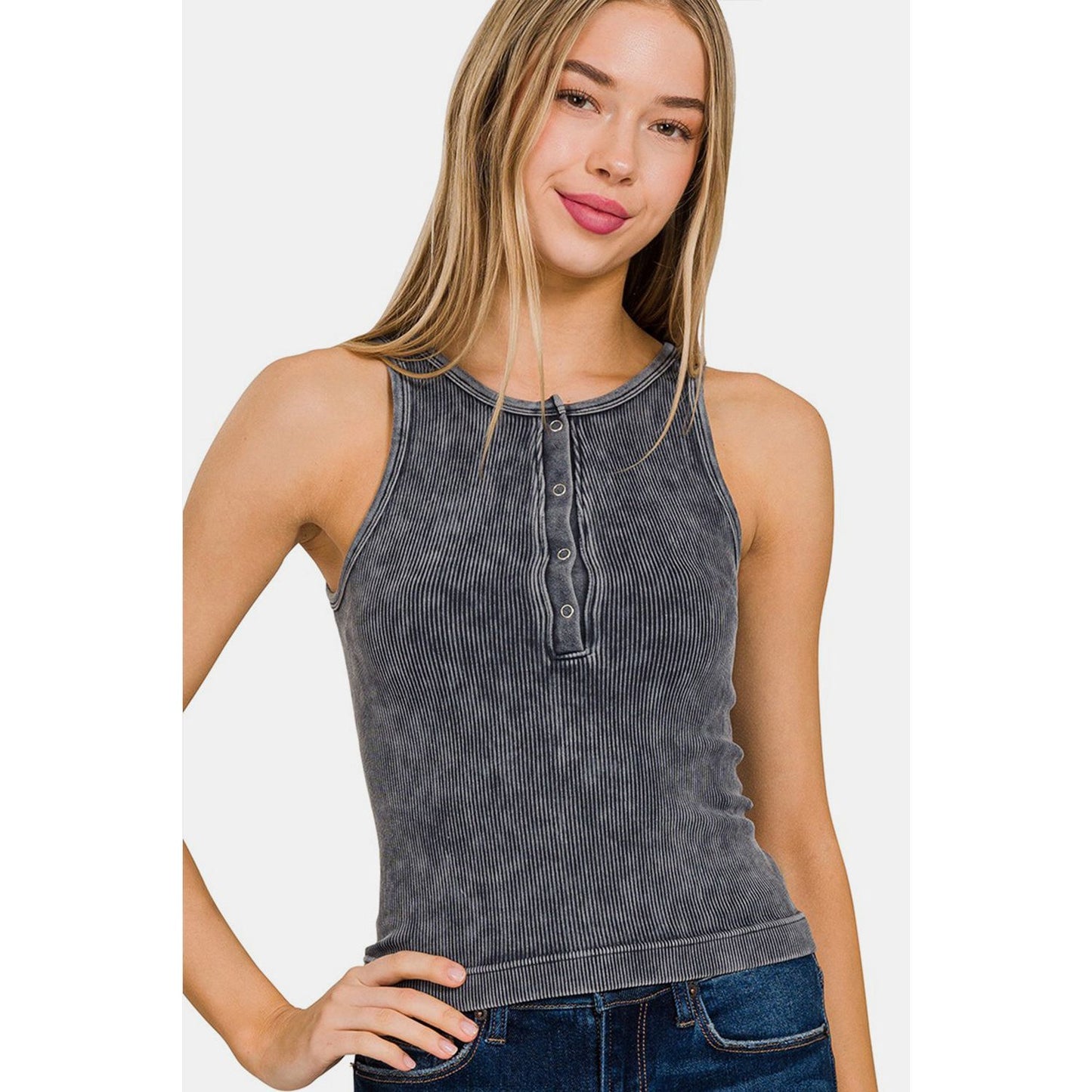 Zenana Washed Ribbed Half Snap Seamless Tank