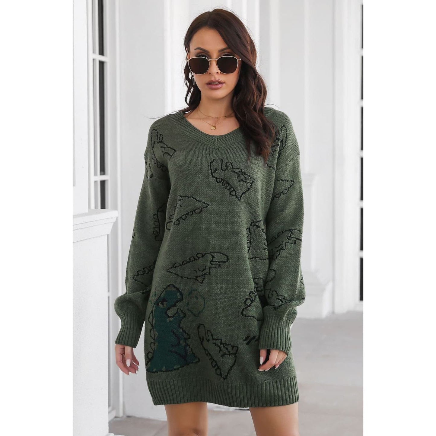 Dinosaur Pattern V-Neck Sweater Dress