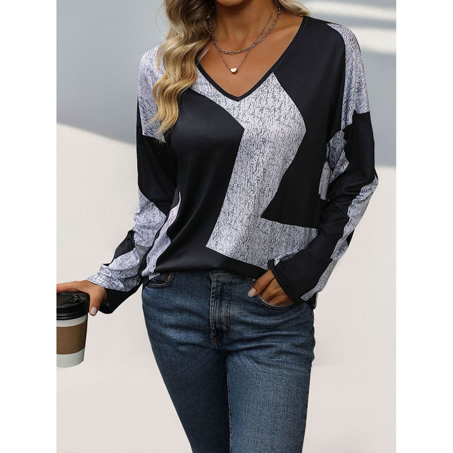 Perfee Color Block V-Neck Long Sleeve T-Shirt