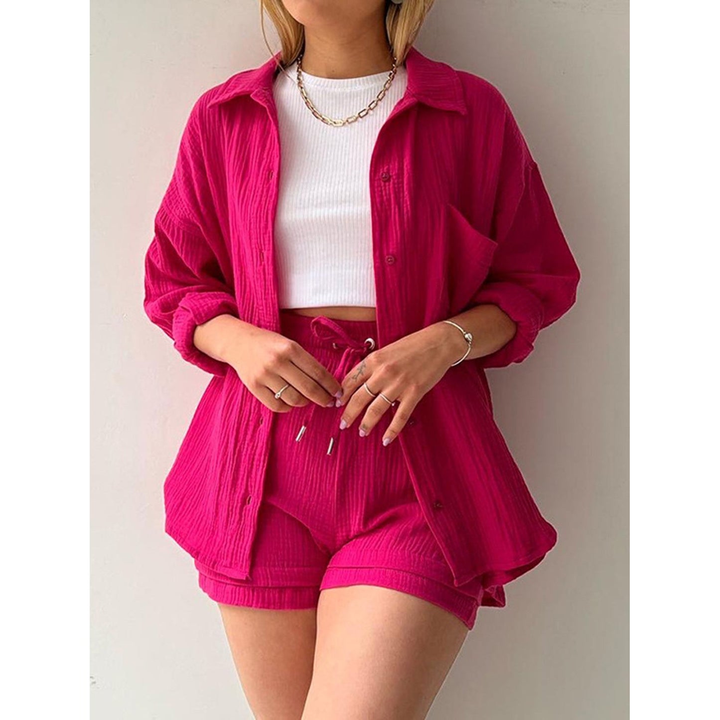 Texture Button Up Shirt and Drawstring Shorts Set