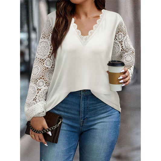 Plus Size Lace Detail V-Neck Long Sleeve T-Shirt