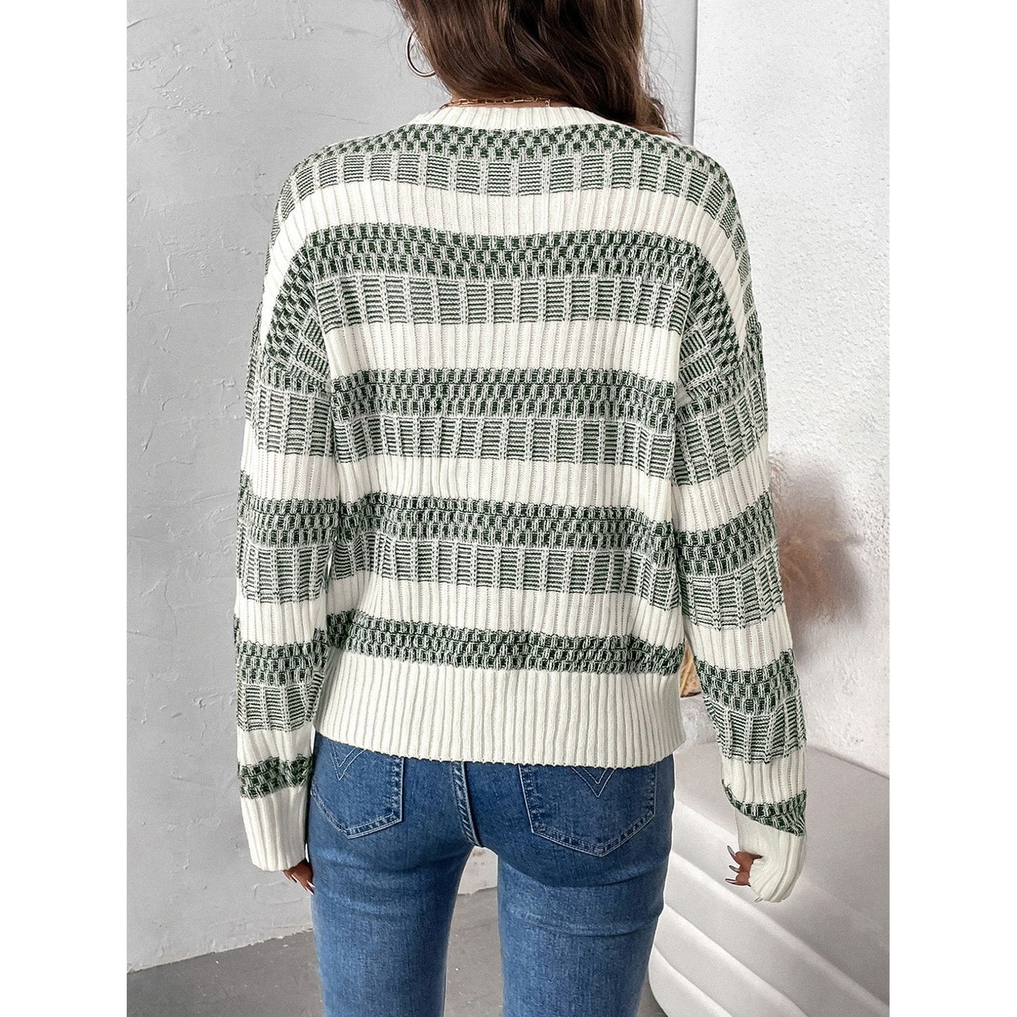 Perfee Contrast Round Neck Long Sleeve Sweater