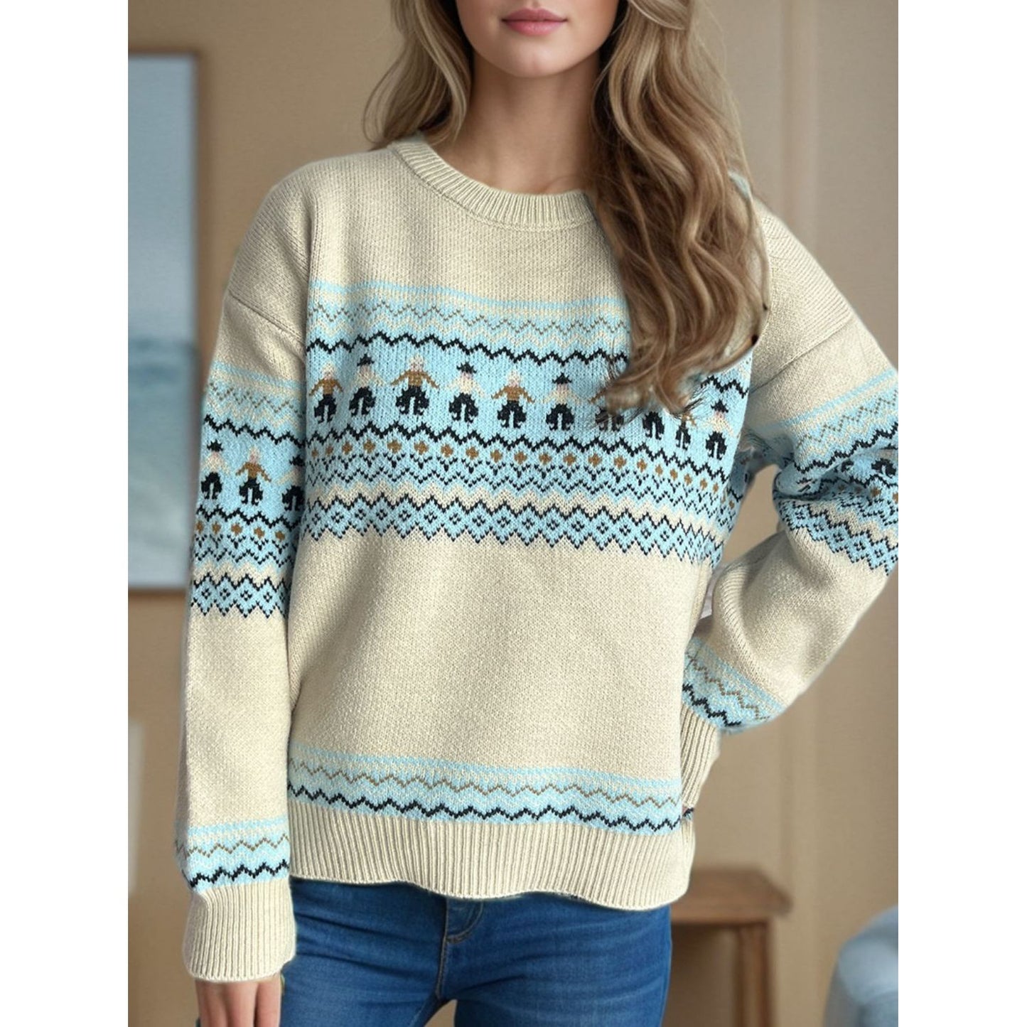 Contrast Round Neck Dropped Shoulder Sweater