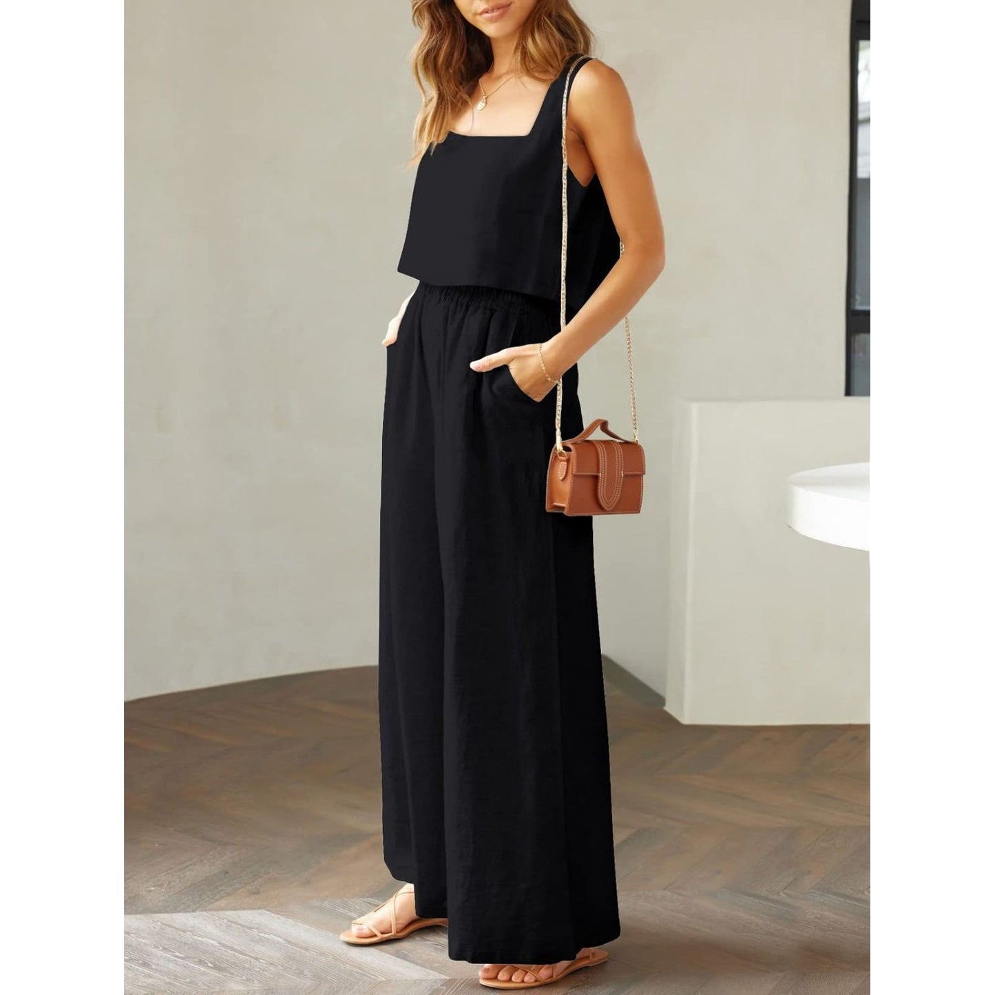 Square Neck Top and Wide Leg Pants Set