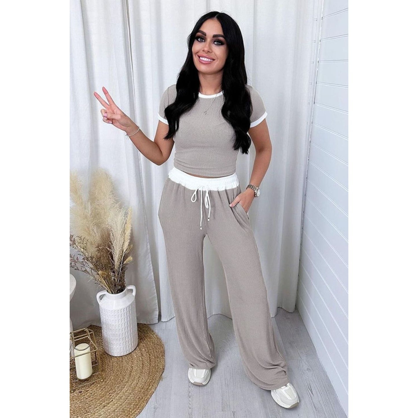 Contrast Trim Round Neck Top and Pants Set