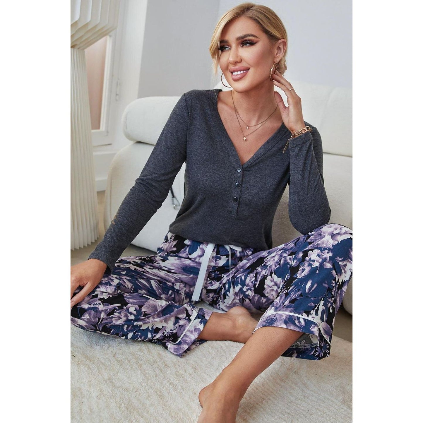 V-Neck Henley Top and Floral Pants Lounge Set