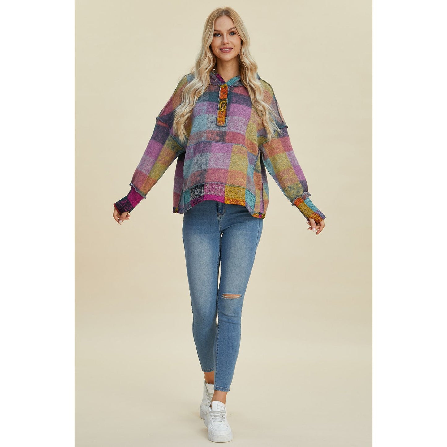 Double Take Full Size Plaid Dropped Shoulder Hoodie