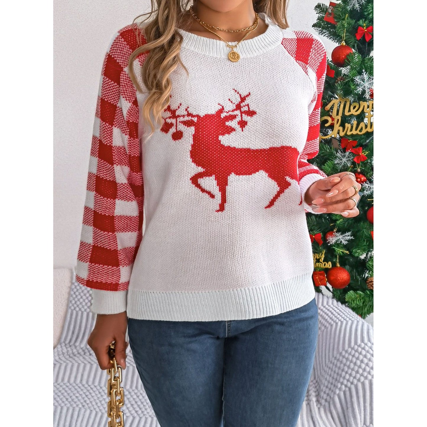 Reindeer Plaid Round Neck Long Sleeve Sweater