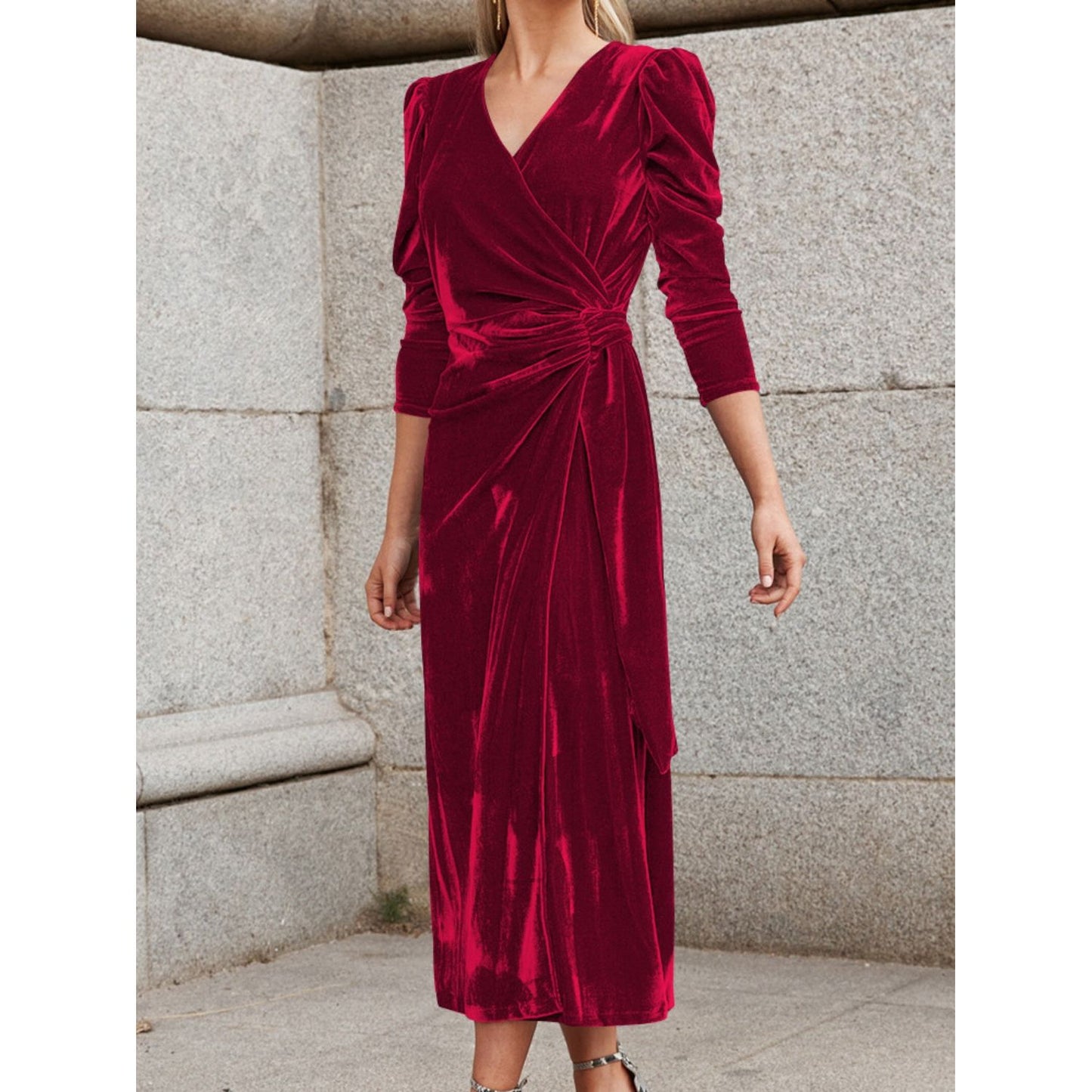 Surplice Puff Sleeve Midi Dress