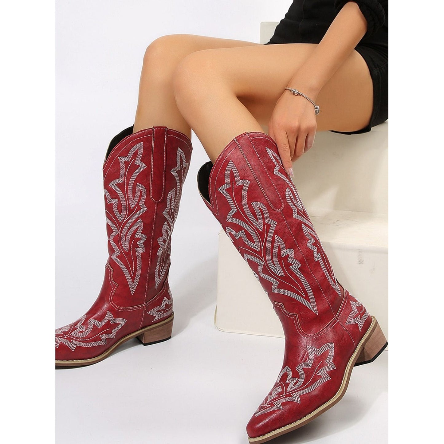 PU Leather Embroidered Geometric Point Toe Boots