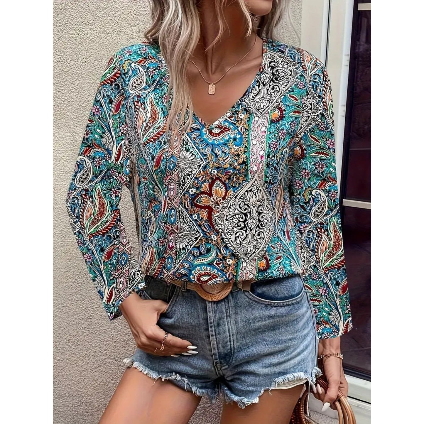 Printed V-Neck Long Sleeve Blouse