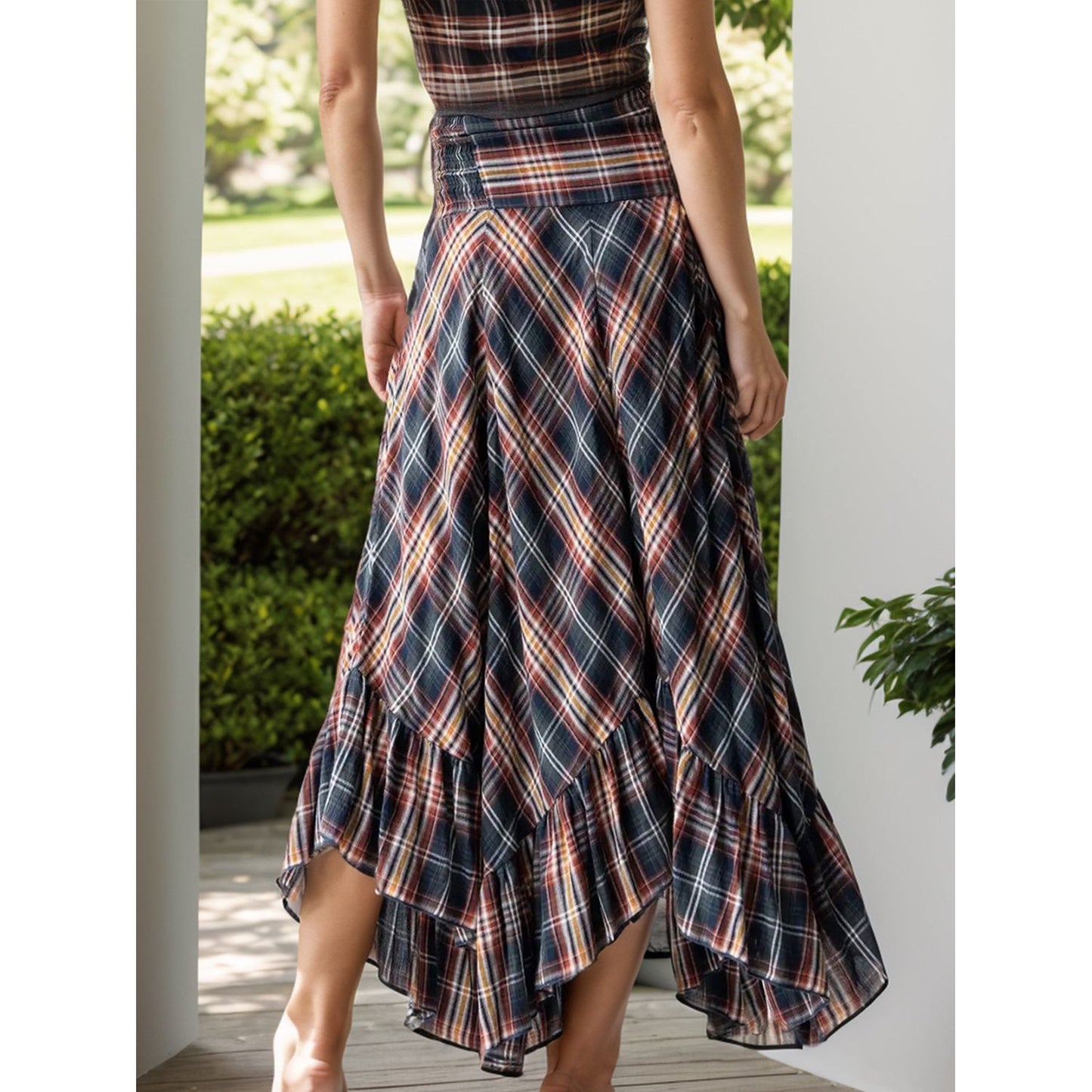 Plaid Asymmetrical Ruffle Hem Skirt