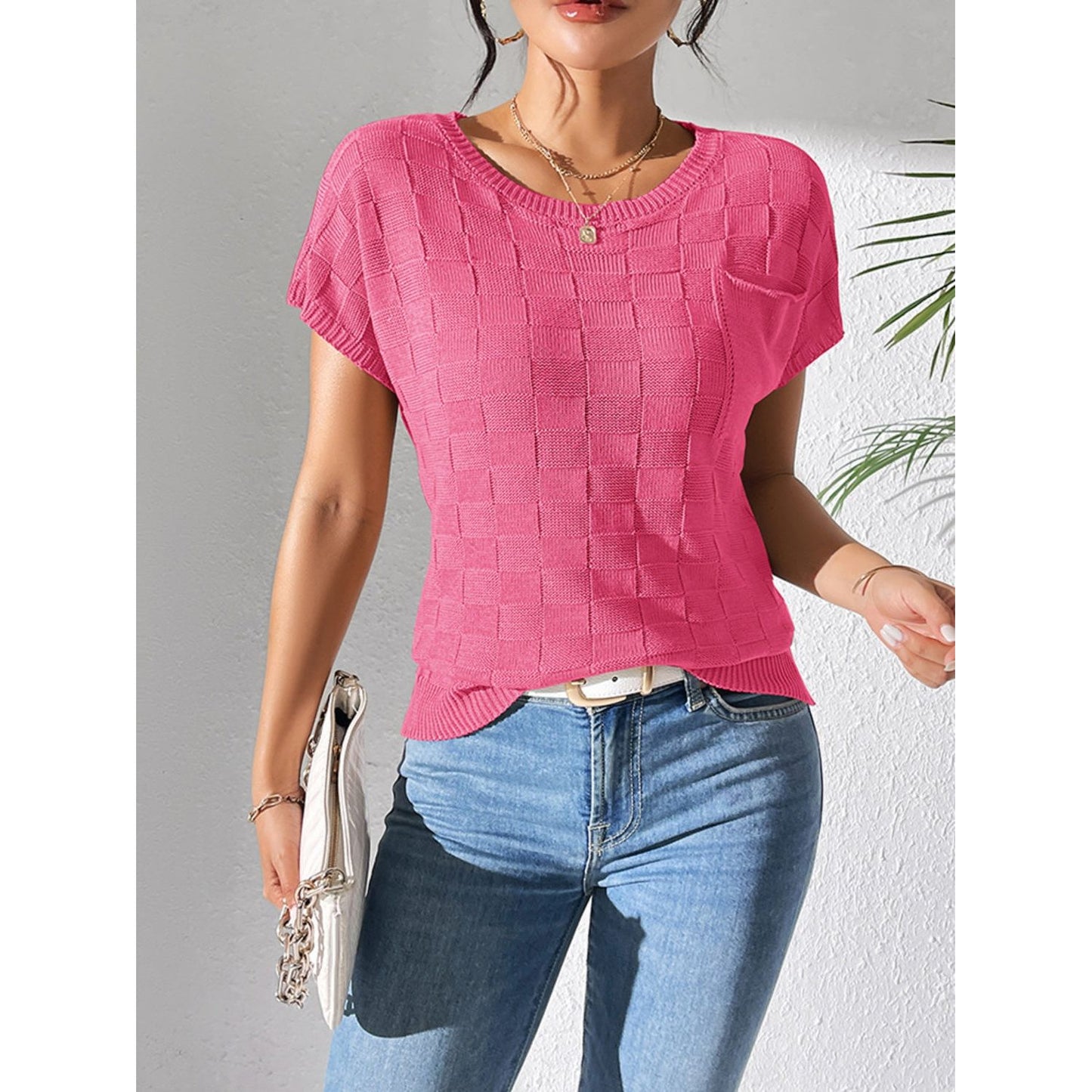 Round Neck Short Sleeve Knit Top