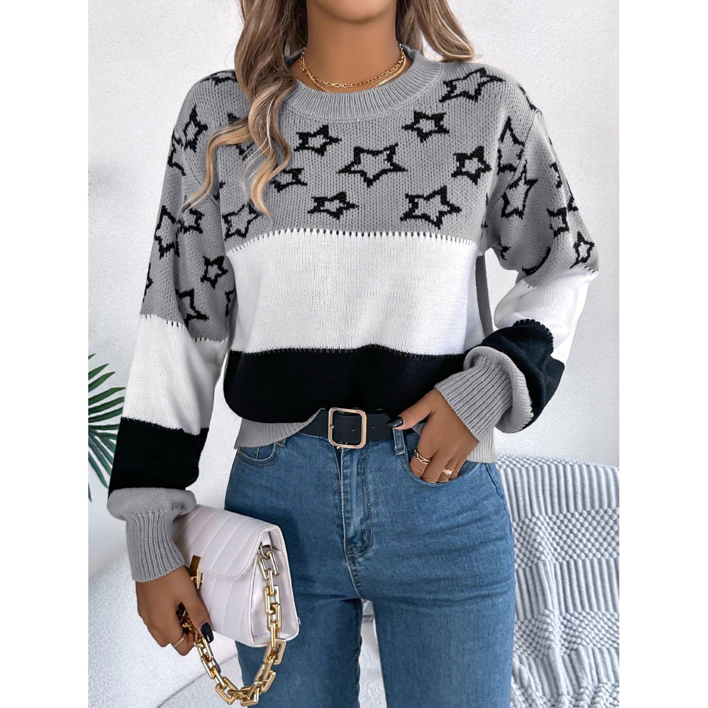 Star Contrast Round Neck Sweater