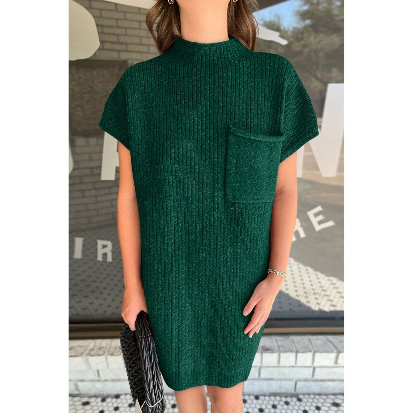 Ribbed Pocketed Mock Neck Short Sleeve Sweater