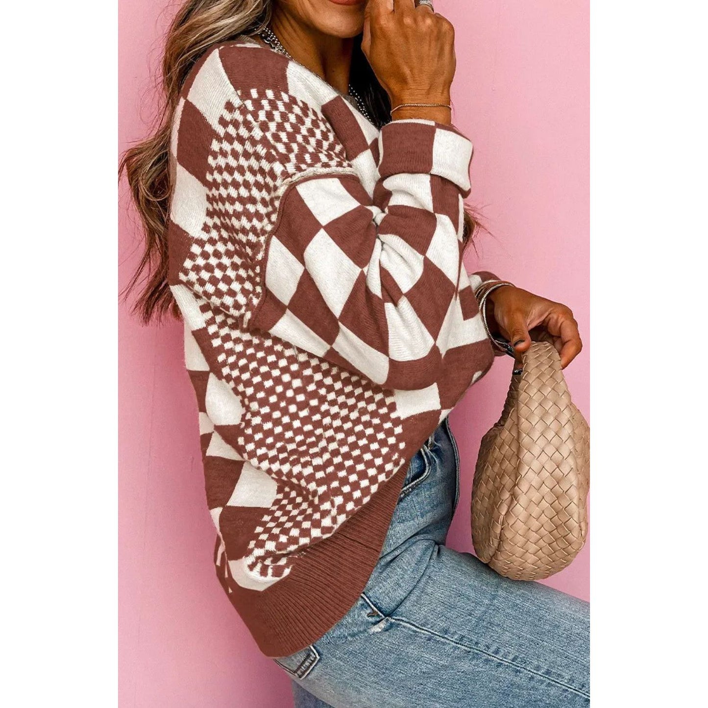 Checkered Round Neck Long Sleeve Sweater