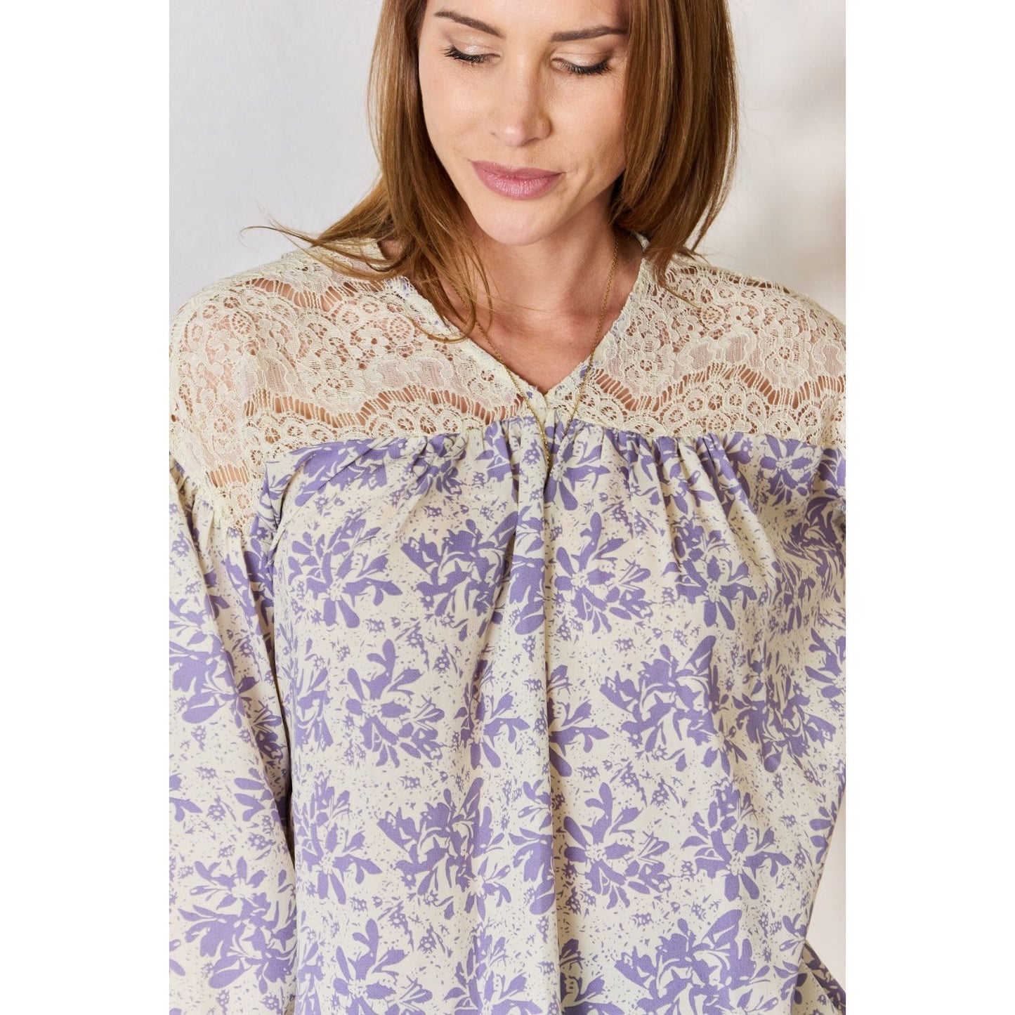 Hailey & Co Full Size Lace Detail Printed Blouse