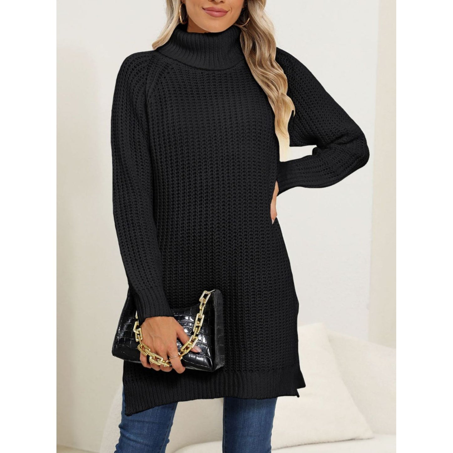 Slit Turtleneck Long Sleeve Sweater