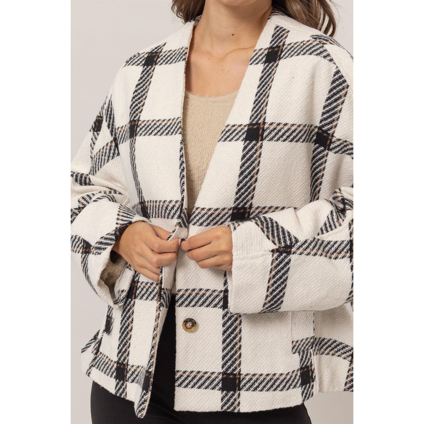 HYFVE Plaid Long Sleeve Jacket with Side Slit Pockets