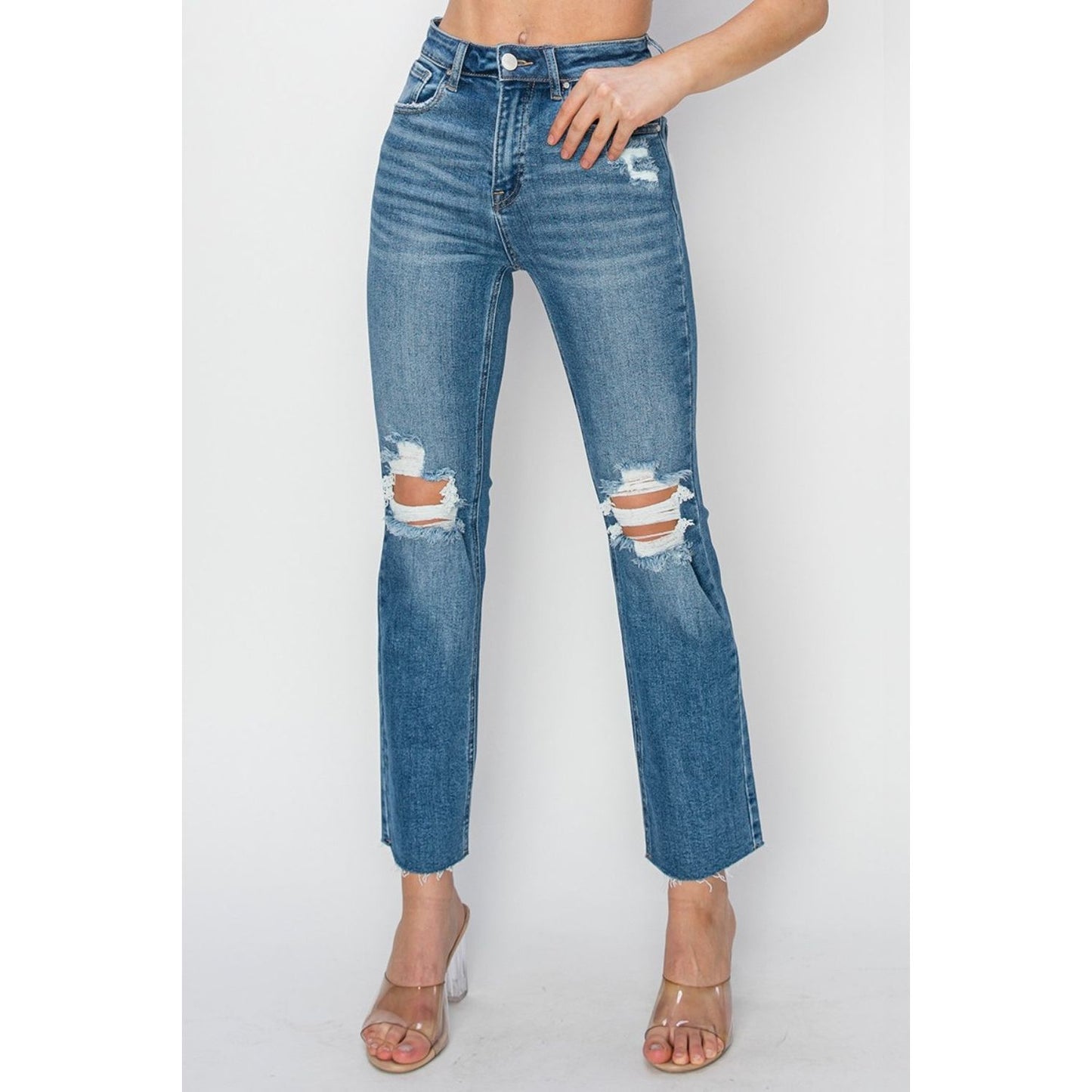 RISEN High Rise Distressed Ankle Jeans