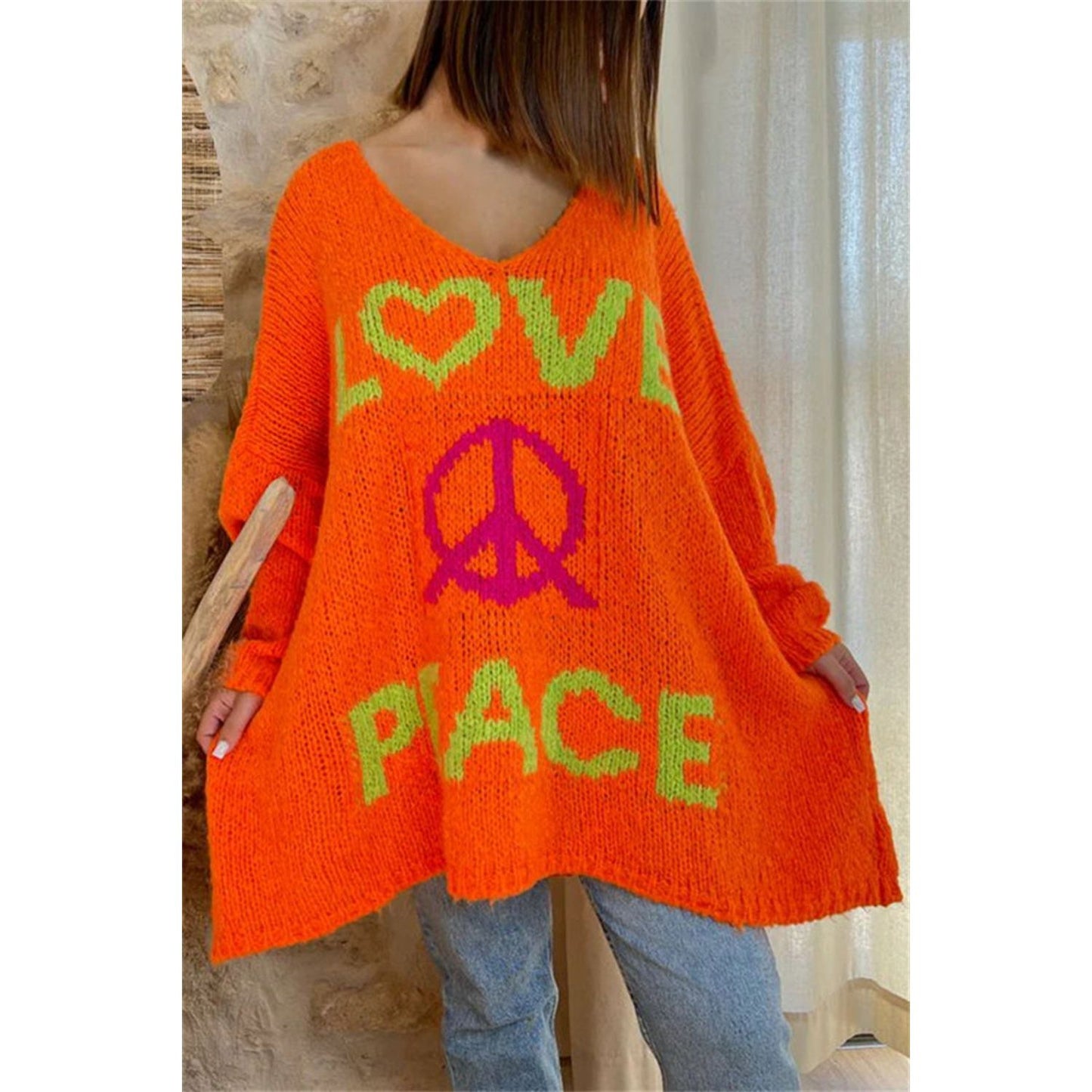 Peace Graphic V-Neck Long Sleeve Sweater